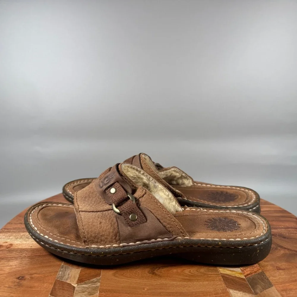 UGG 1611 Brown Suede Shearling Lined Slide Sandals Womens Size 6 Boho Casual